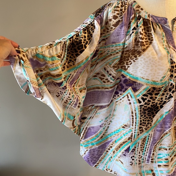 JENNIFER LOPEZ colorful Animal print blouse bat stationery pleat sleeve XL drape - Picture 7 of 17